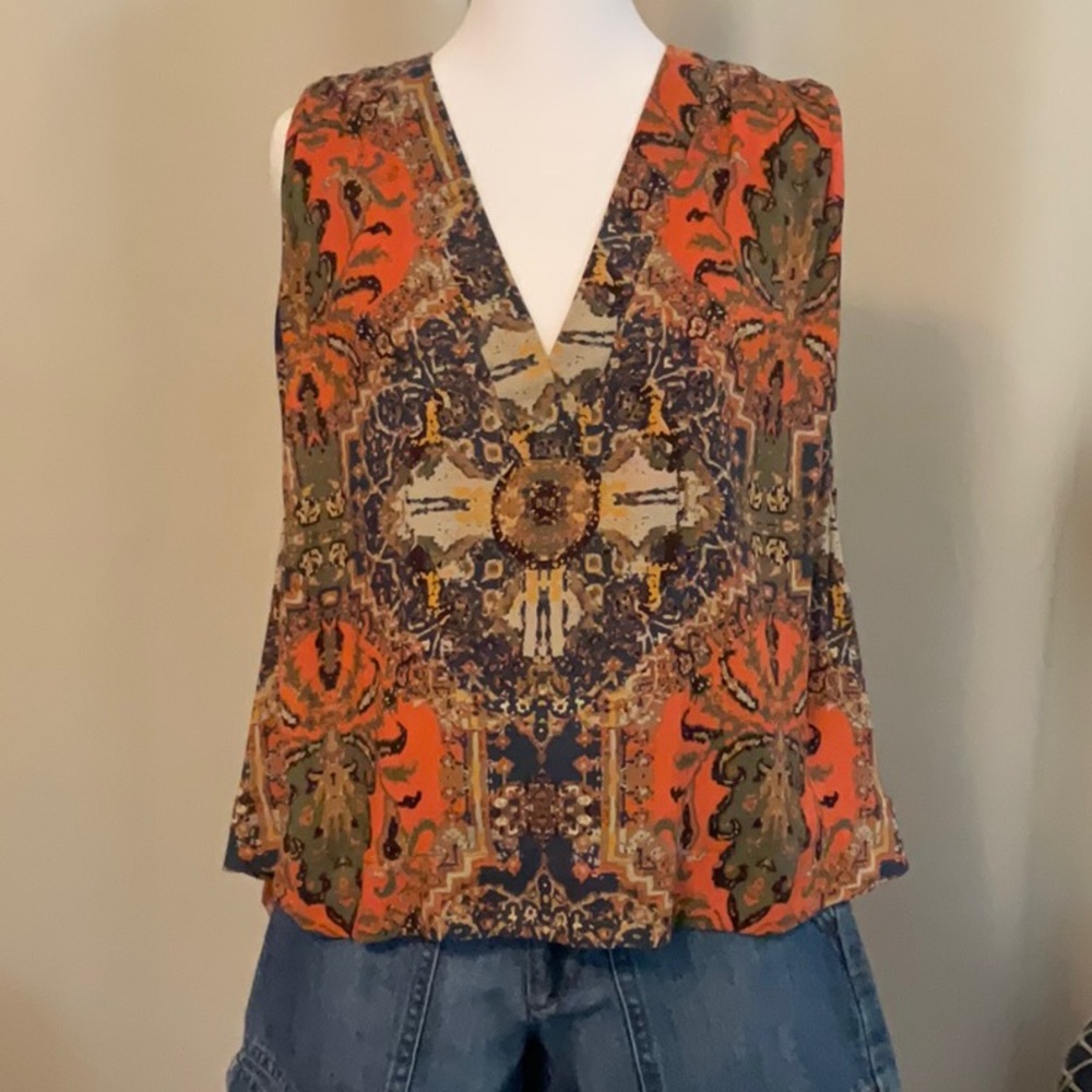 Free People Darcy Pleated Swing Sleeveless Top Magic Carpet Print XS